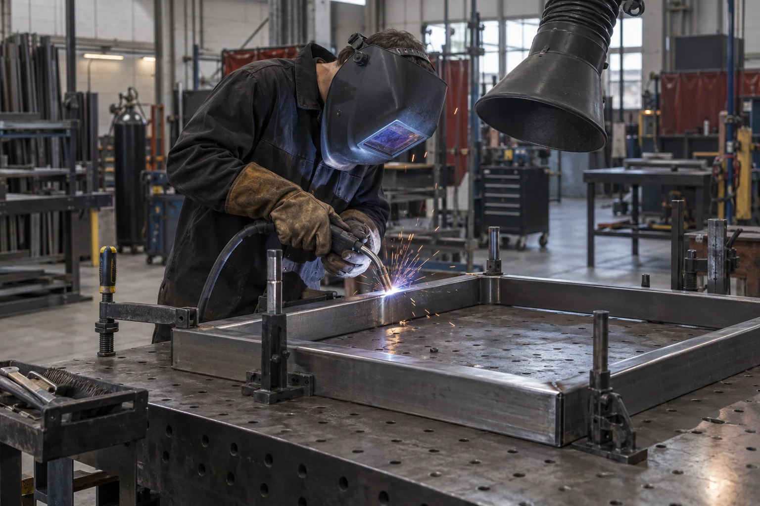 Illustrative image of a welder joining a steel assembly